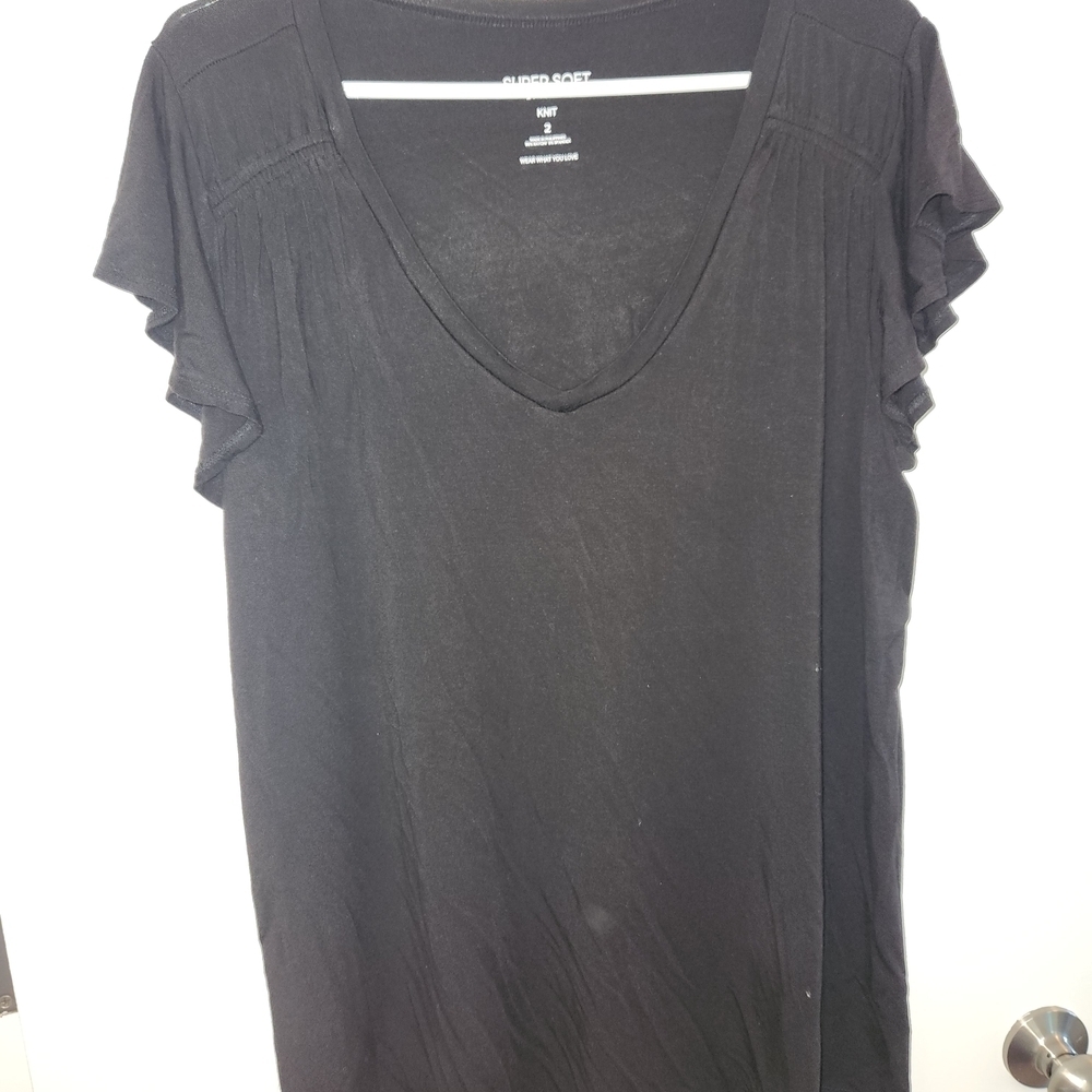 Black V-Neck Ruffle Sleeve Top